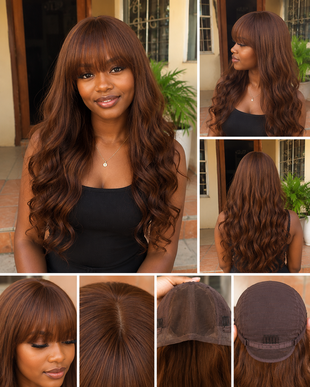 Chestnut Brown Loose Curly Wig with Bangs